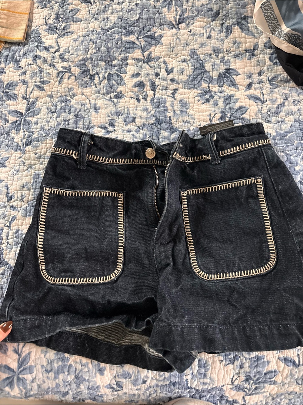 Zara Black Denim Shorts with Cream Contrast Stitching